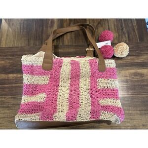 Sonoma Shoulder Tote Bag, PomPoms, Pink&Beige,nwt